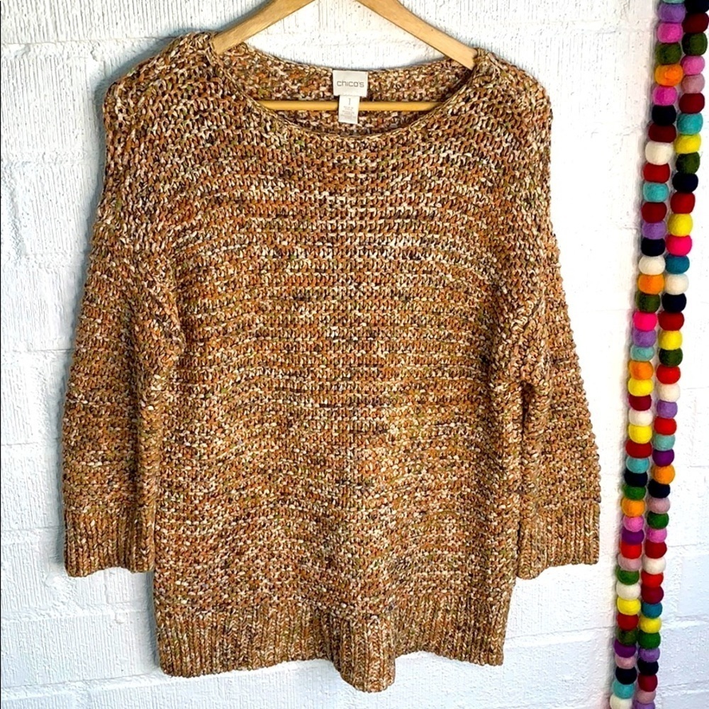 Chico's Knit Crew Neck Chunky Multi Color Brown Cotton Sweater sz M/ 8